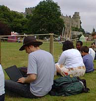 Henry downloads during the Jousting